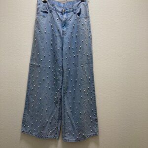 Light Blue Pearl Embellished Wide Leg High Rise Chunky L Women's Jeans